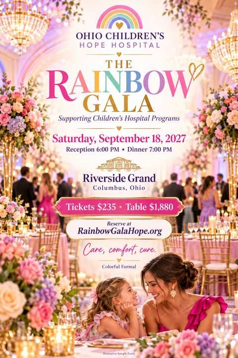Elegant charity gala flyer featuring a grand ballroom with chandeliers and floral centerpieces. A mother and daughter smile at each other in the foreground. Text includes event details, ticket prices, and a rainbow logo.