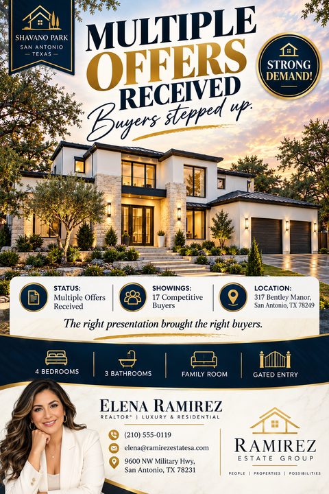 Real estate flyer with a large photo of a luxury home at sunset. Text reads 'Multiple Offers Received, Buyers stepped up.' Features property details, agent photo, and contact information in navy and gold.