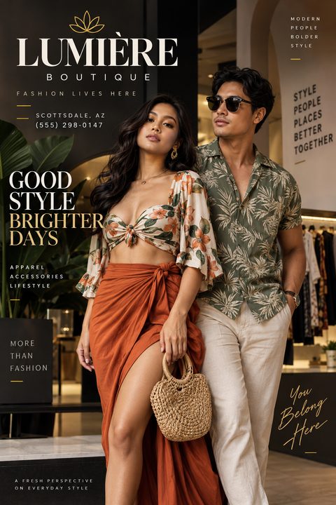 Elegant boutique flyer template featuring a stylish couple in resort wear, with sophisticated typography and gold accents.