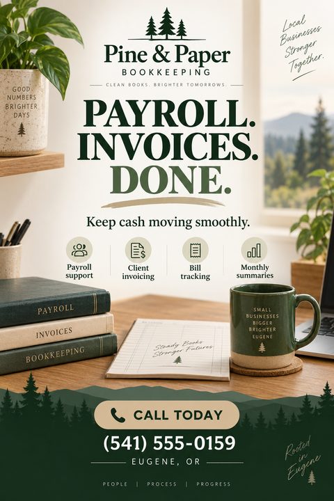 A bookkeeping services flyer featuring a cozy desk with ledgers, a notepad, and a green mug. The background shows a forest view. Text highlights payroll and invoicing services with a green and cream color palette.