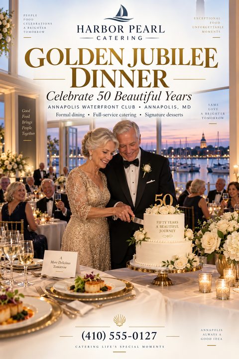 An elegant catering flyer featuring an older couple in formal wear cutting a 50th-anniversary cake at a waterfront banquet. The design uses sophisticated serif fonts in gold and navy blue.