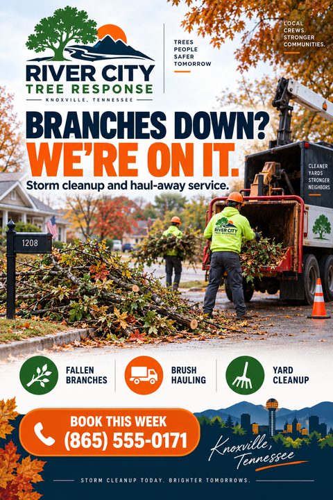 A storm cleanup service flyer featuring a photo of workers loading fallen branches into a truck. The design uses bold navy and orange text with green icons for services.