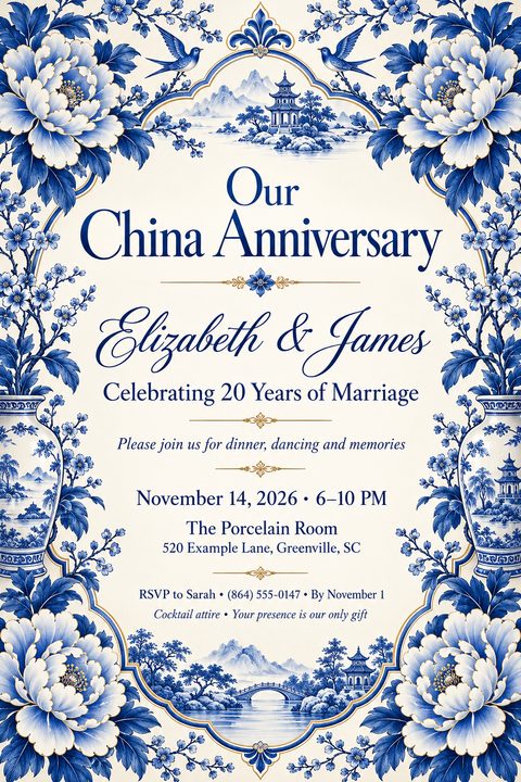Elegant anniversary invitation featuring classic blue and white porcelain patterns with peonies, birds, and pagodas, framed by delicate gold borders on a cream background.