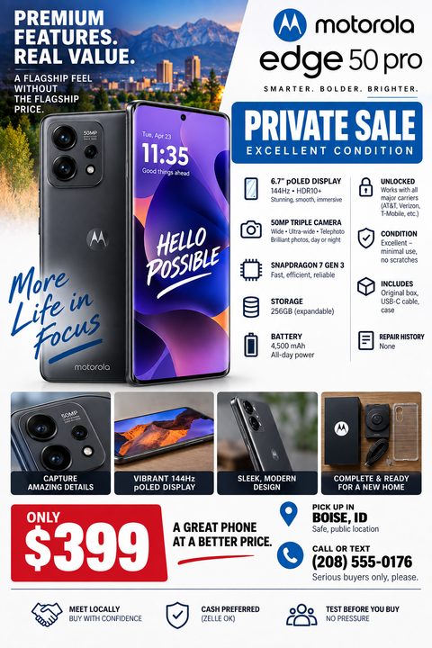 A tech-focused private sale flyer featuring a large smartphone image, a grid of specifications with icons, four smaller detail photos, a bold red price tag, and local pickup contact information.