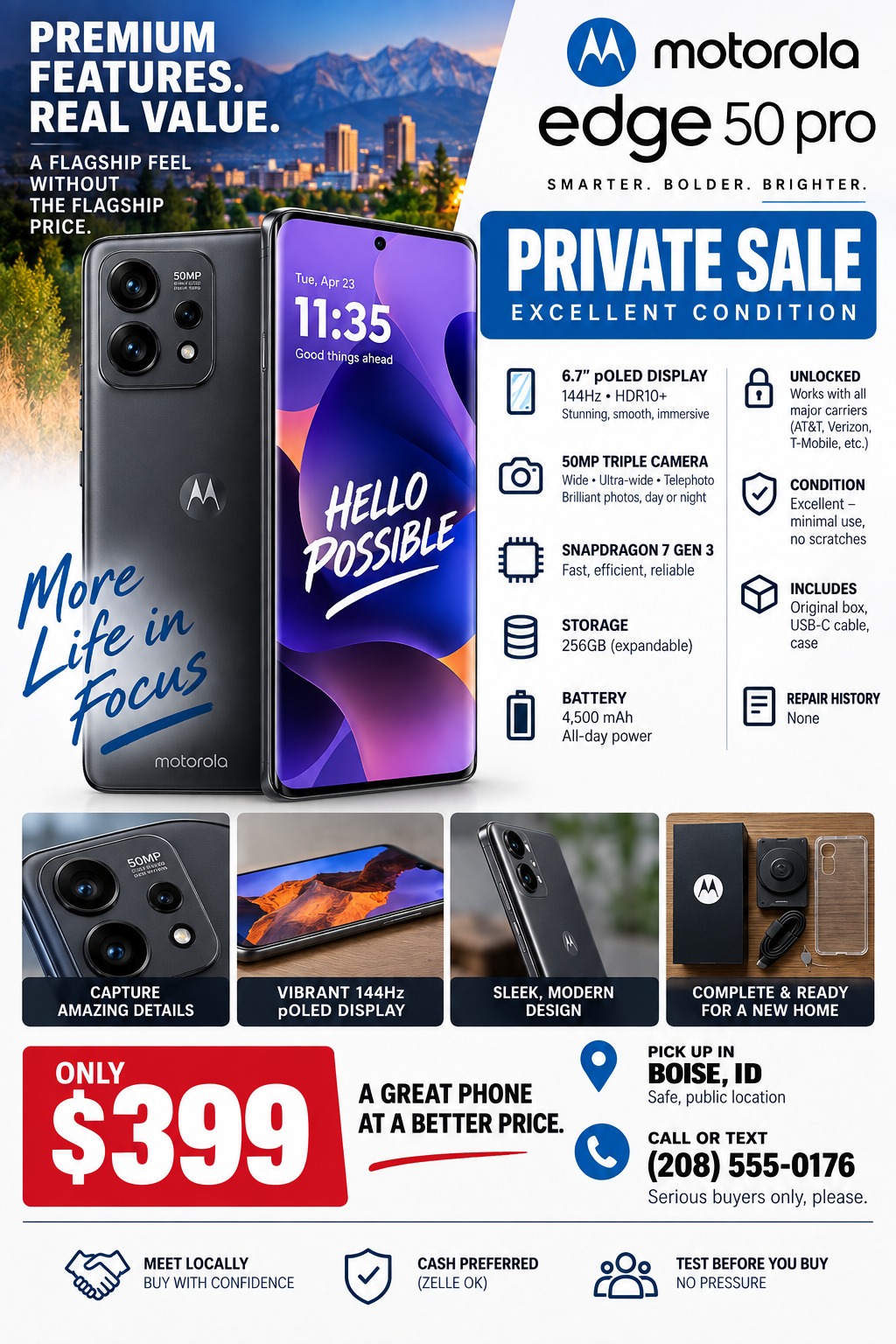 A tech-focused private sale flyer featuring a large smartphone image, a grid of specifications with icons, four smaller detail photos, a bold red price tag, and local pickup contact information.