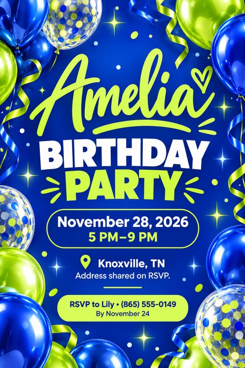 A birthday party flyer with a dark blue background, framed by shiny blue, lime green, and confetti-filled balloons. The text reads 'Amelia Birthday Party' in large, playful fonts, with event details below.