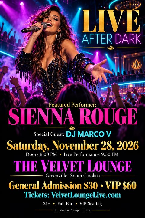 A vibrant nightclub event flyer featuring a female singer performing on stage under purple and blue neon lights. Bold gold and pink text highlights the performer's name, date, venue, and ticket prices.