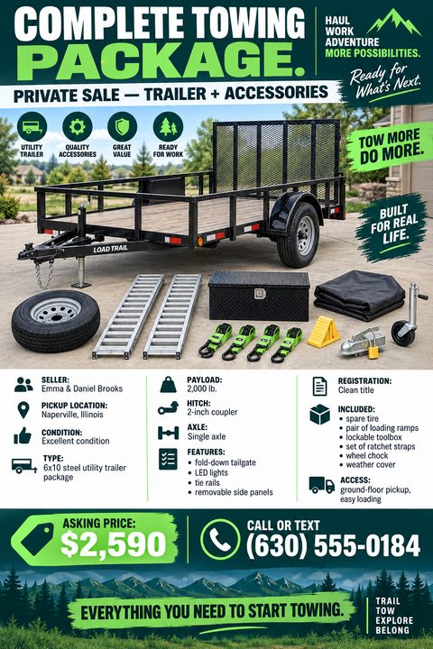 A private sale flyer for a utility trailer. It features a large central photo of a black trailer and accessories, detailed specification icons, a bold green price tag, and a mountain landscape graphic.