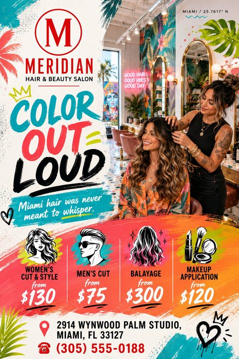 A vibrant hair salon flyer featuring a photo of a stylist and client in a tropical salon. The design uses colorful painted brushstrokes in teal, red, and orange, displaying services and prices with illustrated icons.