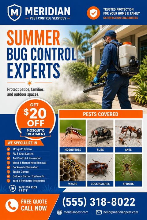 Pest control flyer template with a large photo of a technician spraying a yard, a grid of six common pests (mosquitoes, flies, ants, wasps, cockroaches, spiders), a list of services, and a $20 off mosquito treatment offer.