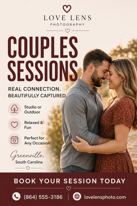Flyer for Love Lens Photography advertising Couples Sessions. Features a large photo of a smiling couple embracing outdoors at sunset. Text highlights 'Real Connection. Beautifully Captured.' with icons for Studio or Outdoor, Relaxed & Fun, and.