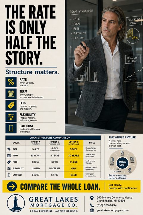 Mortgage broker flyer titled 'The rate is only half the story. Structure matters.' featuring a man drawing charts on glass, a list of loan components, and a detailed loan structure comparison table.