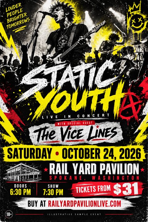 A gritty, distressed flyer for a punk rock concert featuring a black and white photo of a band performing live, with bold, jagged text in white, yellow, and red.