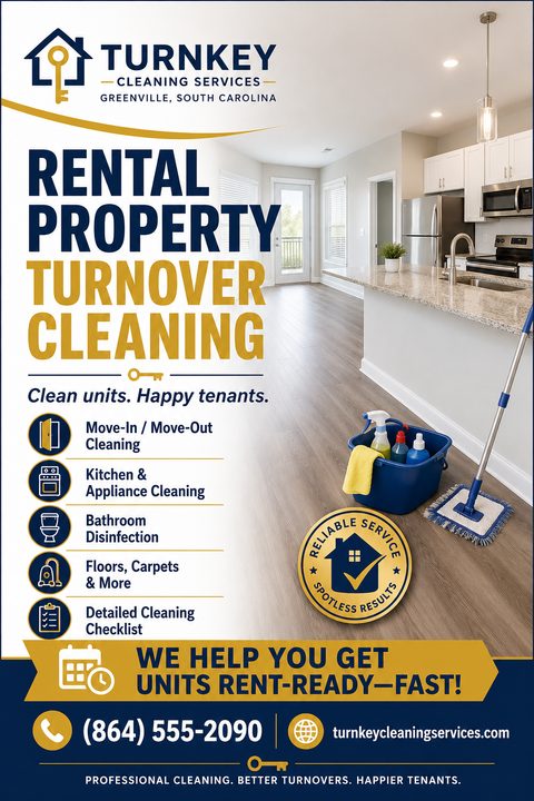 A flyer for rental property turnover cleaning services. It features a photo of a clean, modern kitchen and living area with a mop and bucket in the foreground. The text highlights services like move-in/move-out cleaning, kitchen and appliance.