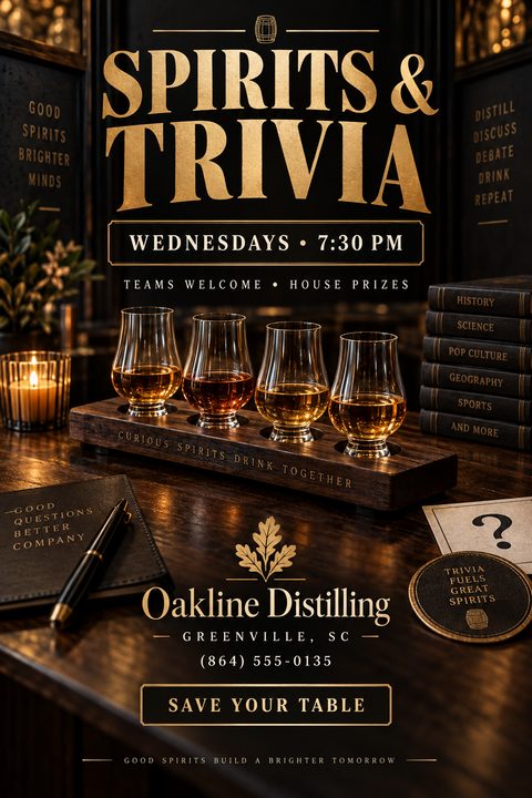 A dark, moody flyer for 'Spirits & Trivia' featuring gold text and an image of a whiskey flight on a wooden bar top with a candle, notebook, and trivia cards.