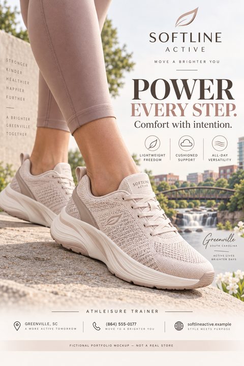 A modern fashion flyer featuring a close-up of a person wearing beige athleisure sneakers outdoors. It includes elegant serif text, feature icons, and contact details at the bottom.