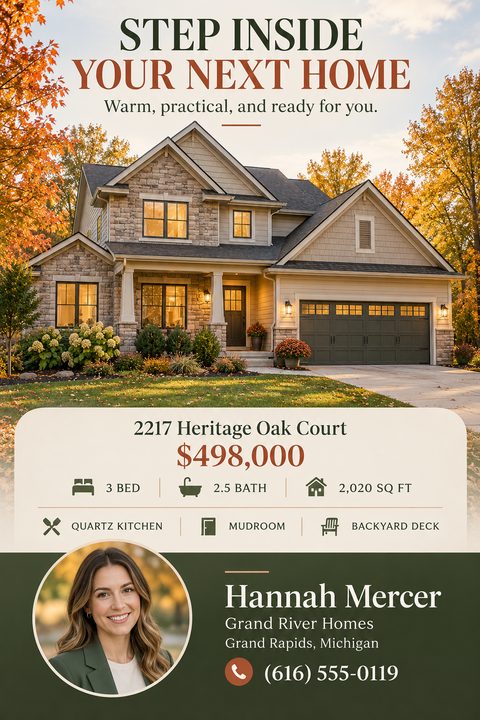 Real estate flyer template with a large photo of a two-story house in autumn, property details including price, beds, baths, and square footage, and an agent profile section at the bottom.