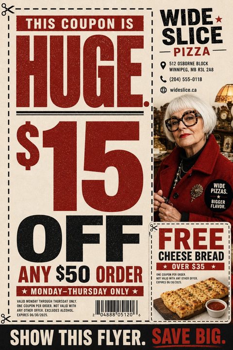 Vintage-style pizza flyer with a large '$15 OFF' coupon on the left and a smaller 'FREE CHEESE BREAD' coupon on the bottom right. Features a photo of an older woman in a red coat and a photo of cheese bread.