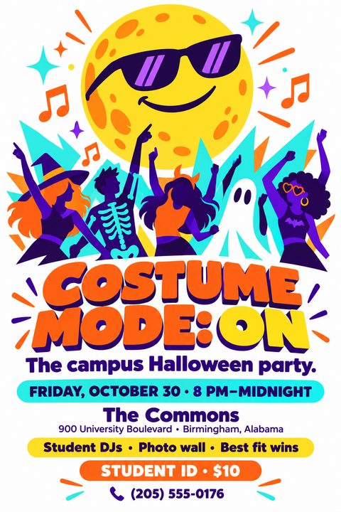 Halloween party flyer with a large yellow moon wearing sunglasses smiling down on silhouettes of people dancing in costumes, including a witch, skeleton, devil, and ghost. Text reads 'Costume Mode: On. The campus Halloween party.'