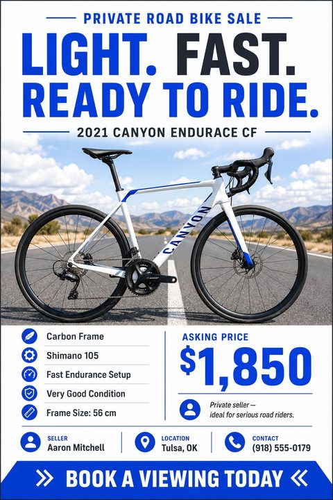 A modern private bike sale flyer featuring bold blue text, a large photo of a road bike on a scenic highway, bulleted feature icons, a prominent asking price, and seller contact information.