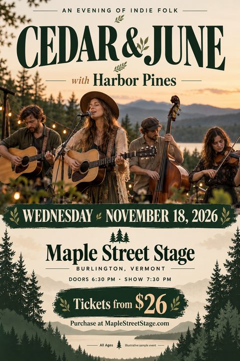 A rustic concert flyer featuring a photo of a folk band playing acoustic instruments outdoors at sunset. The design includes dark green typography, pine tree illustrations, and event details on a cream background.