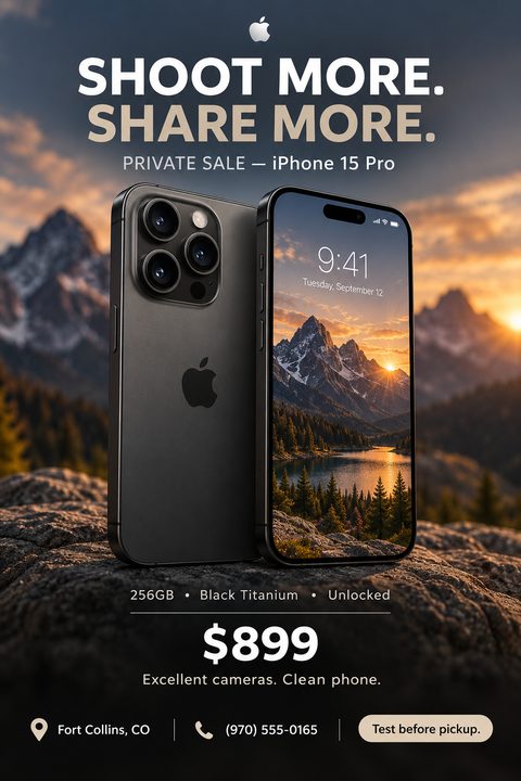 A flyer advertising a phone for sale. Two black smartphones are displayed on a rock against a mountain sunset background. Text reads 'Shoot more. Share more. Private Sale'.