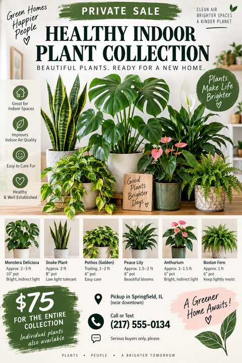 A botanical private sale flyer featuring a large photo of a healthy indoor plant collection, followed by a neat grid detailing six individual plants, accented with earthy green painted brushstrokes and price details.