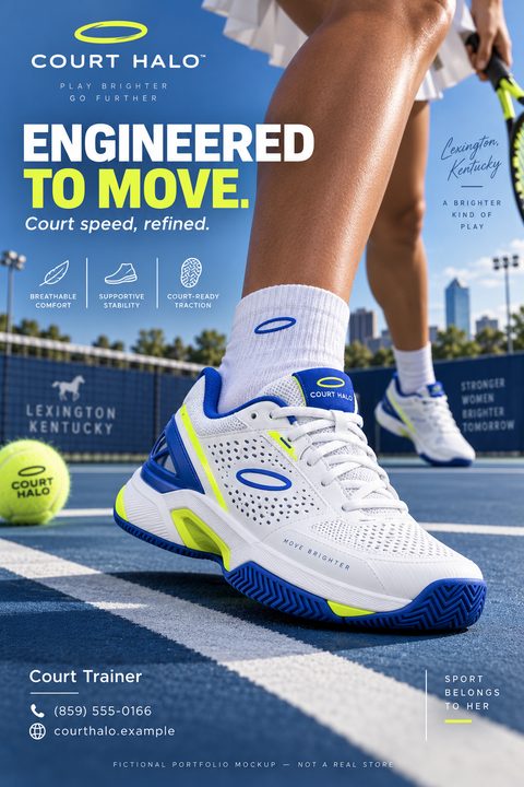 A flyer for athletic shoes featuring a close-up of a person's legs and feet wearing white, blue, and neon yellow tennis shoes on a blue tennis court. The text reads 'Engineered to Move. Court speed, refined.'