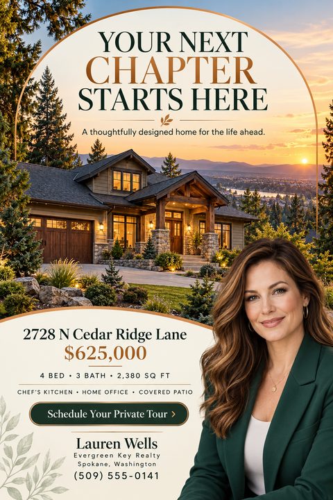 Elegant real estate flyer featuring a large arched photo of a craftsman home at sunset. Below, property details and an agent portrait sit on a cream background with dark green and copper text.