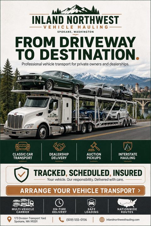 Flyer for Inland Northwest Vehicle Hauling featuring a large white car carrier truck loaded with cars driving on a highway with mountains in the background. Text reads 'From Driveway to Destination'. Icons highlight services like classic car.