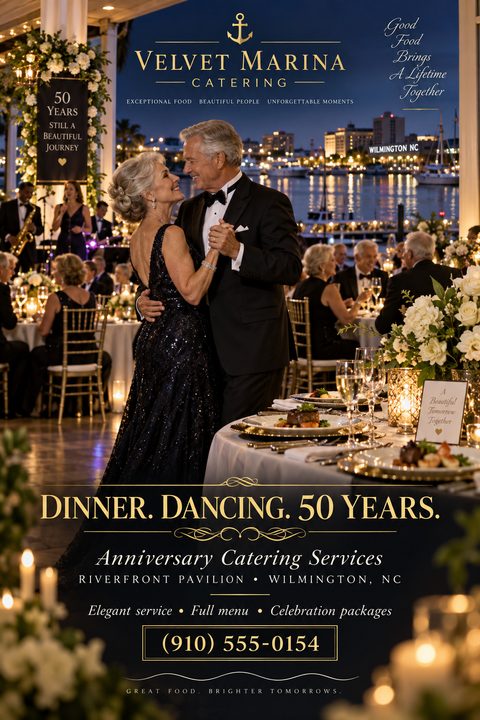 A flyer for Velvet Marina Catering featuring an older couple dancing at a formal evening event by a marina. The text reads 'Dinner. Dancing. 50 Years. Anniversary Catering Services.'