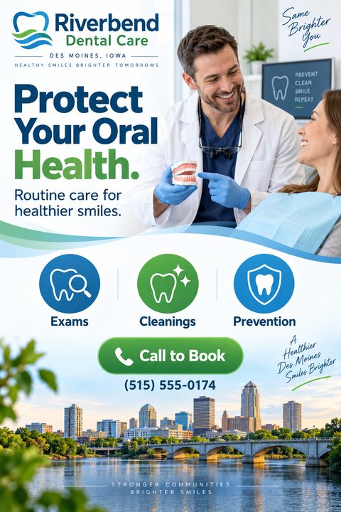 Flyer for a dental clinic. Top half shows a dentist explaining a tooth model to a patient. Text reads 'Protect Your Oral Health. Routine care for healthier smiles.' Bottom half features icons for Exams, Cleanings, and Prevention, a 'Call to Book'.