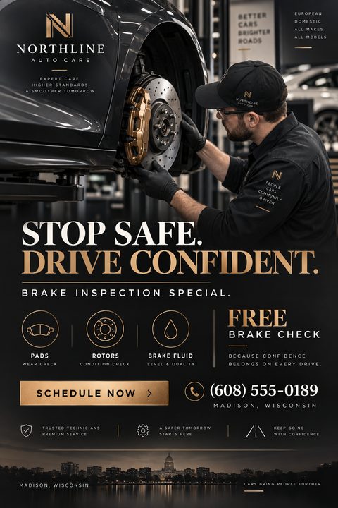 A dark-themed flyer for an auto care center featuring a mechanic inspecting a car's brakes. The text reads 'Stop Safe. Drive Confident. Brake Inspection Special.' with gold accents and icons for pads, rotors, and brake fluid.