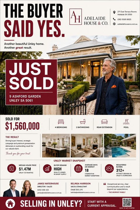 A real estate just sold flyer featuring a large photo of a classic home and agent, bold burgundy text boxes, property details, interior photos, a market snapshot section, and agent contact information.
