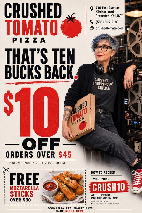 Flyer for a pizza shop featuring a woman holding a pizza box, large red text offering $10 off, and a cut-out coupon for free mozzarella sticks.