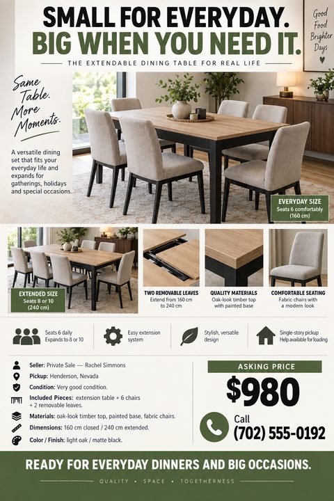 A flyer advertising an extendable dining table for sale. It features a large main photo of the table set for six, smaller photos showing it extended and close-ups of details, plus icons highlighting features, seller info, and a $980 asking price.