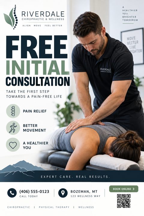 Flyer for Riverdale Chiropractic & Wellness offering a free initial consultation. Features a photo of a male chiropractor adjusting a female patient's back, with icons for pain relief, better movement, and a healthier you.