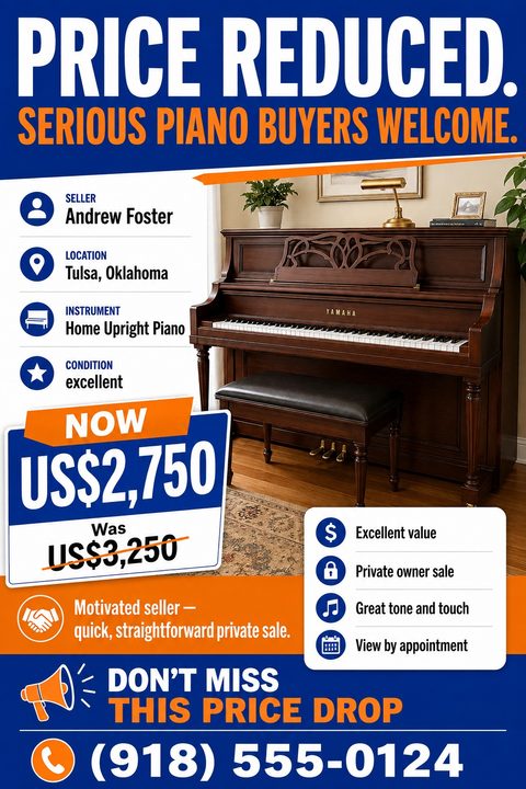 Flyer template with a bold blue and orange color scheme. Large text reads 'PRICE REDUCED.' A photo shows a wooden upright piano. Sections detail seller info, location, condition, and a 'was/now' price tag.