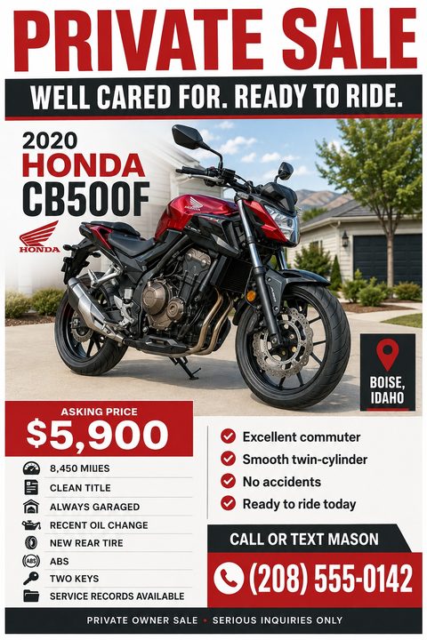 A bold red, black, and white flyer for a private motorcycle sale. It features a large photo of a red motorcycle, a prominent asking price, and bulleted lists of features with icons.