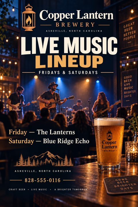A rustic flyer template featuring a live band playing on a dimly lit stage, with a pint of beer on a wooden table in the foreground. Bold text announces a live music lineup.