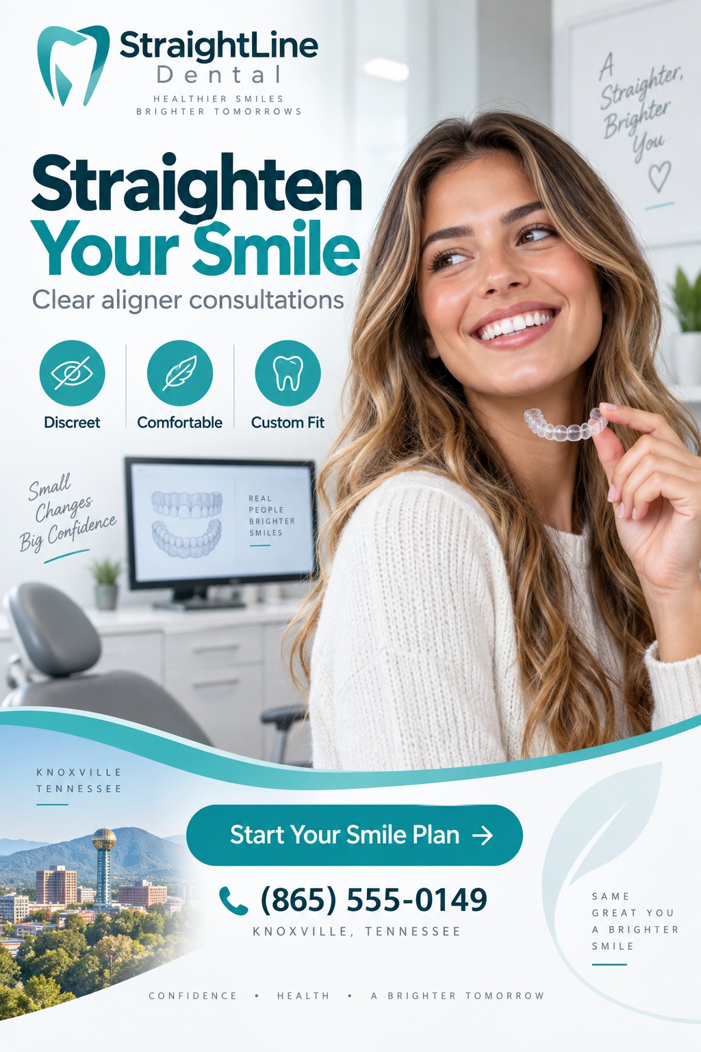 Dental flyer template with a smiling woman holding a clear aligner, text 'Straighten Your Smile, Clear aligner consultations', icons for discreet, comfortable, custom fit, and a call to action 'Start Your Smile Plan'.