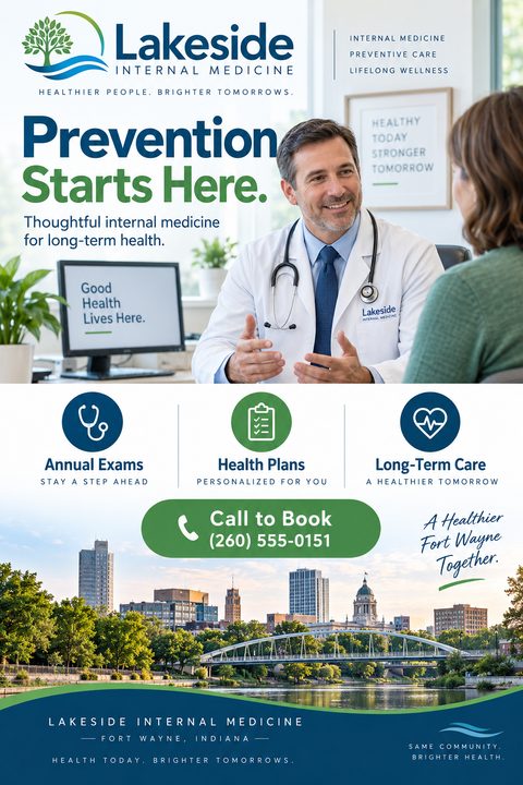 Flyer for a medical clinic. Top half shows a smiling male doctor talking to a patient. Bottom half lists services with icons: Annual Exams, Health Plans, Long-Term Care. A large green button says Call to Book. A cityscape photo is at the bottom.