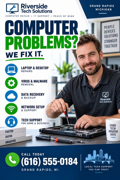Computer repair flyer template with a photo of a technician working on a laptop. Bold text reads 'Computer Problems? We Fix It.' Includes a list of services like laptop repair, virus removal, and data recovery.
