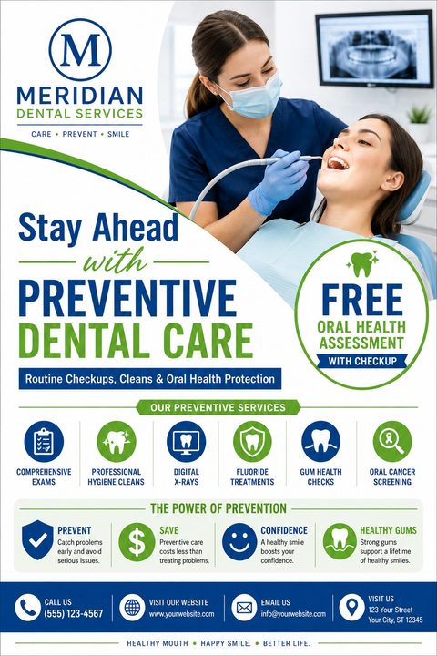 Flyer for Meridian Dental Services promoting preventive dental care. Features a photo of a dentist examining a patient, a list of services like exams and cleans, and a 'Free Oral Health Assessment' offer.
