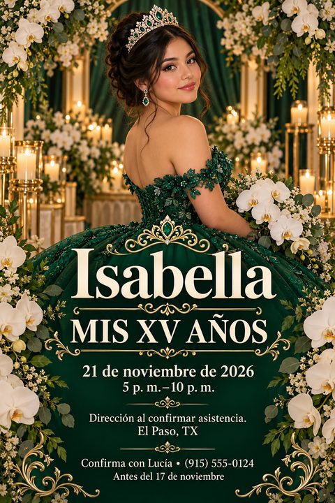 Elegant quinceañera invitation featuring a young woman in an emerald green ballgown and tiara, surrounded by white orchids and candles, with gold ornate text reading Mis XV Años.