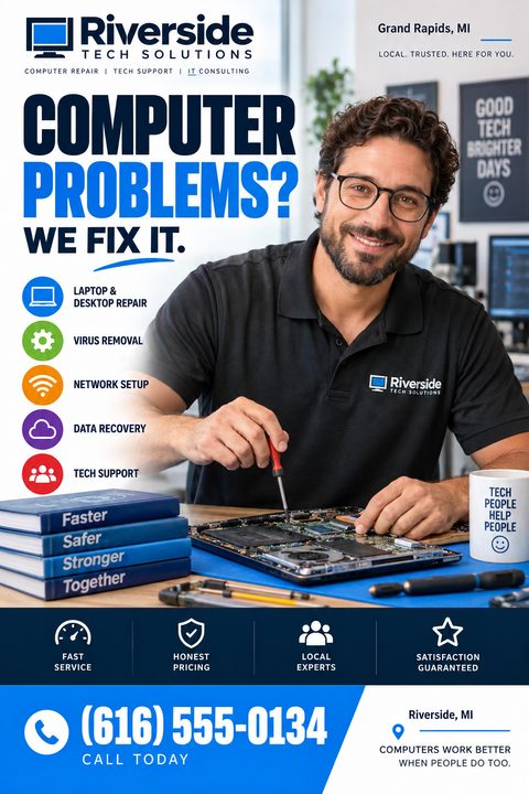 Computer repair flyer template featuring a smiling technician working on a laptop motherboard. Text reads 'Computer Problems? We Fix It.' with a list of services like laptop repair, virus removal, and data recovery.