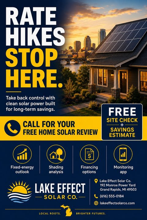 A solar energy flyer featuring a house with solar panels at sunset against a city skyline. The design uses a bold navy blue and yellow color scheme with service icons.