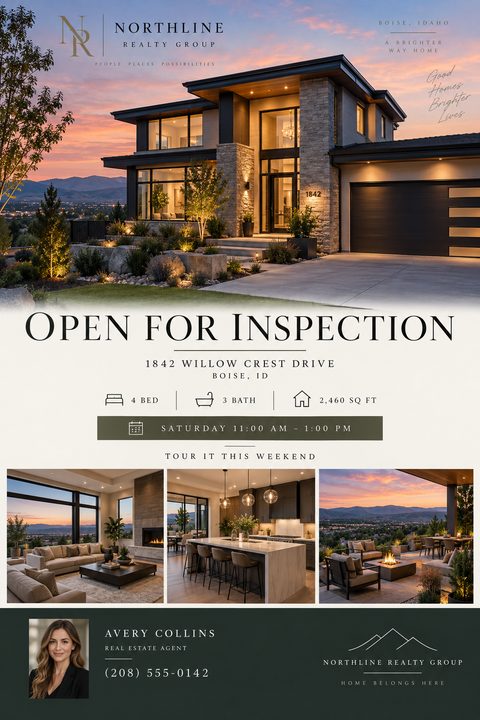 Real estate open house flyer with a large twilight photo of a modern home at the top, 'Open For Inspection' text, property details, three smaller interior and exterior photos, and agent contact information at the bottom.