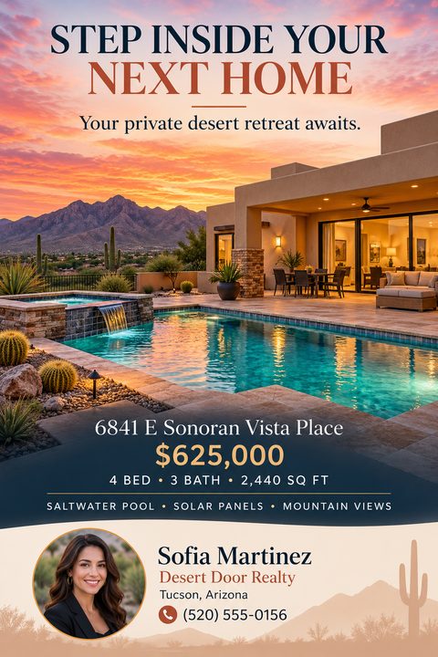 A real estate listing flyer featuring a large photo of a desert home with a pool at sunset. Below, a dark blue section displays the price and property details, followed by agent contact information.
