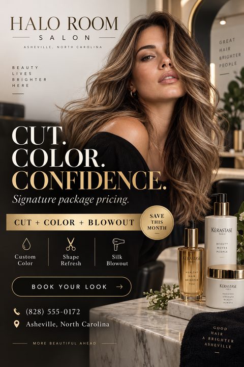 Flyer for a hair salon featuring a large photo of a woman with styled hair, gold text reading 'Cut. Color. Confidence.', and a section for a 'Cut + Color + Blowout' package.
